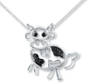 M K Jewels Round Cut Black & White Diamond 925 Sterling Silver 14K White Gold Over Cow Pendant Necklace for Women's