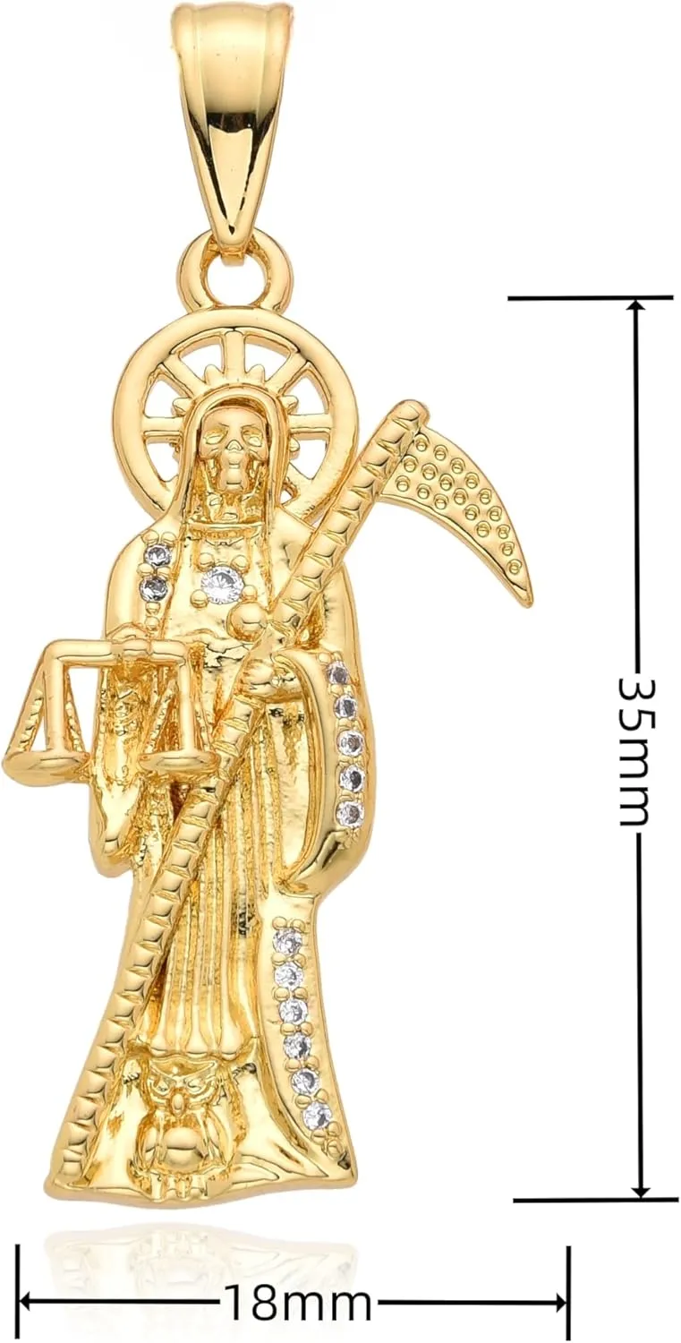 Mai & Claire 14K Gold Filled Santa Muerte Necklace For Men And Women - La Santa Muerte Pendant Chain Cubic Zirconia Holy Death Religious Catholic Jewelry Gift, Memento Mori Necklace