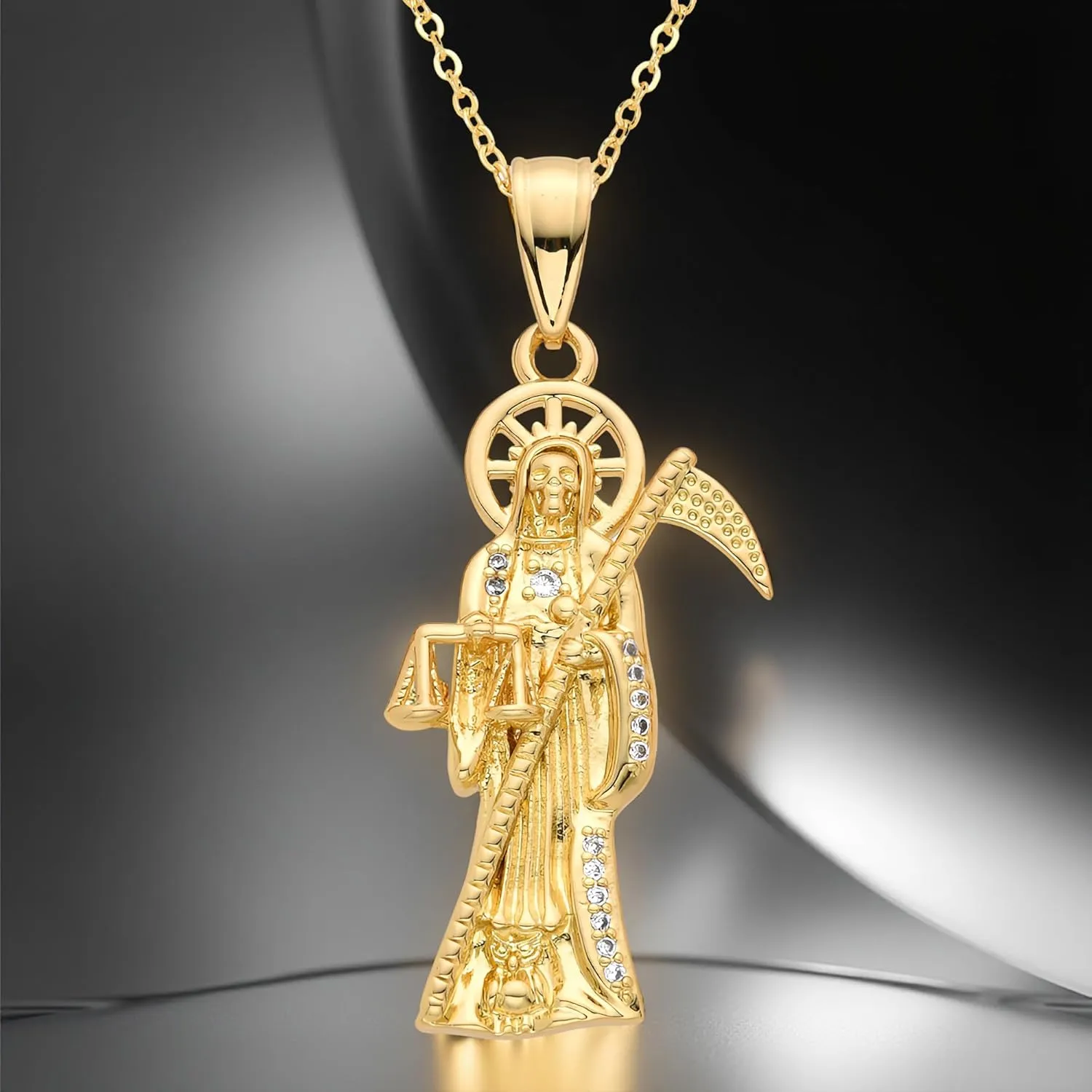 Mai & Claire 14K Gold Filled Santa Muerte Necklace For Men And Women - La Santa Muerte Pendant Chain Cubic Zirconia Holy Death Religious Catholic Jewelry Gift, Memento Mori Necklace