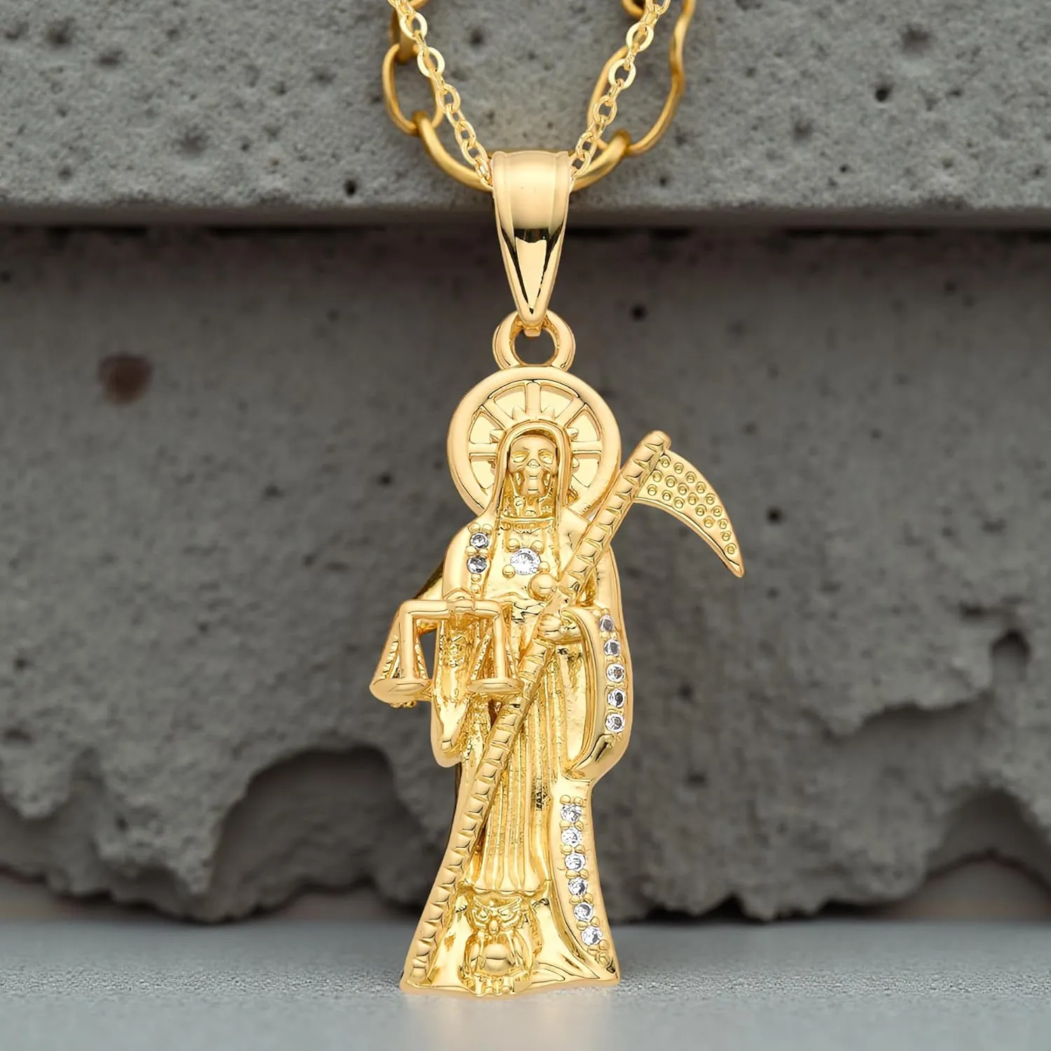 Mai & Claire 14K Gold Filled Santa Muerte Necklace For Men And Women - La Santa Muerte Pendant Chain Cubic Zirconia Holy Death Religious Catholic Jewelry Gift, Memento Mori Necklace