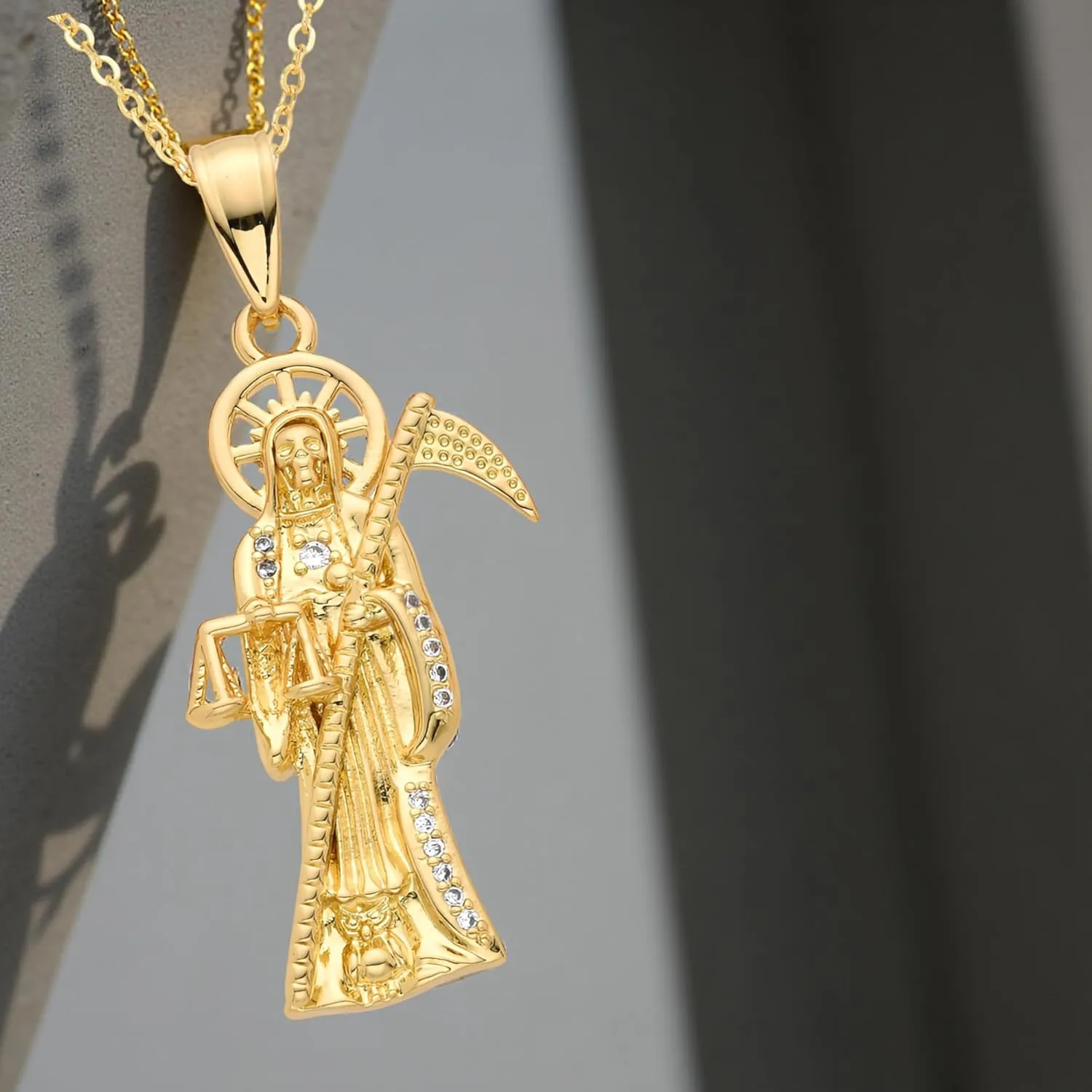 Mai & Claire 14K Gold Filled Santa Muerte Necklace For Men And Women - La Santa Muerte Pendant Chain Cubic Zirconia Holy Death Religious Catholic Jewelry Gift, Memento Mori Necklace