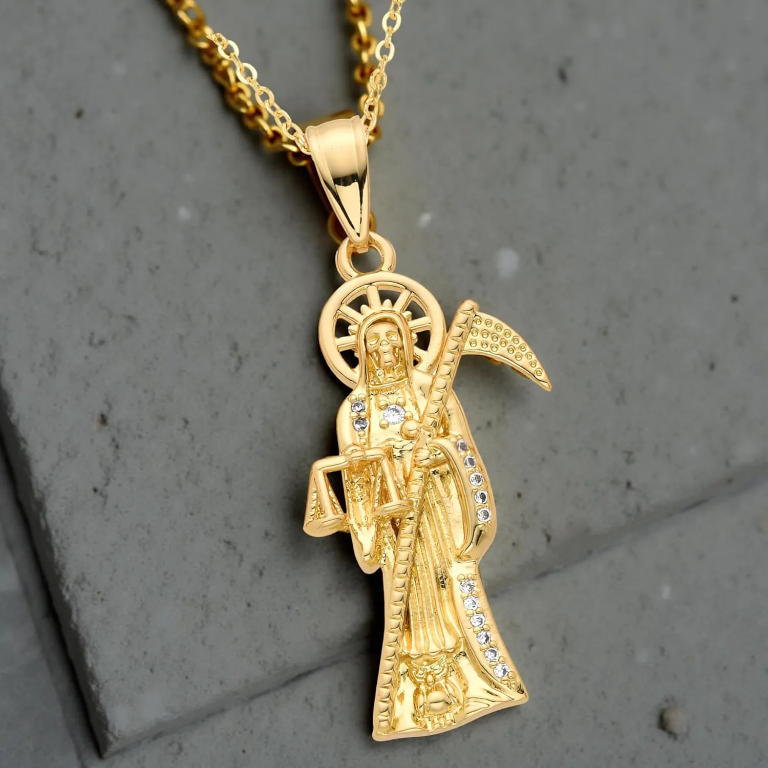 Mai & Claire 14K Gold Filled Santa Muerte Necklace For Men And Women - La Santa Muerte Pendant Chain Cubic Zirconia Holy Death Religious Catholic Jewelry Gift, Memento Mori Necklace