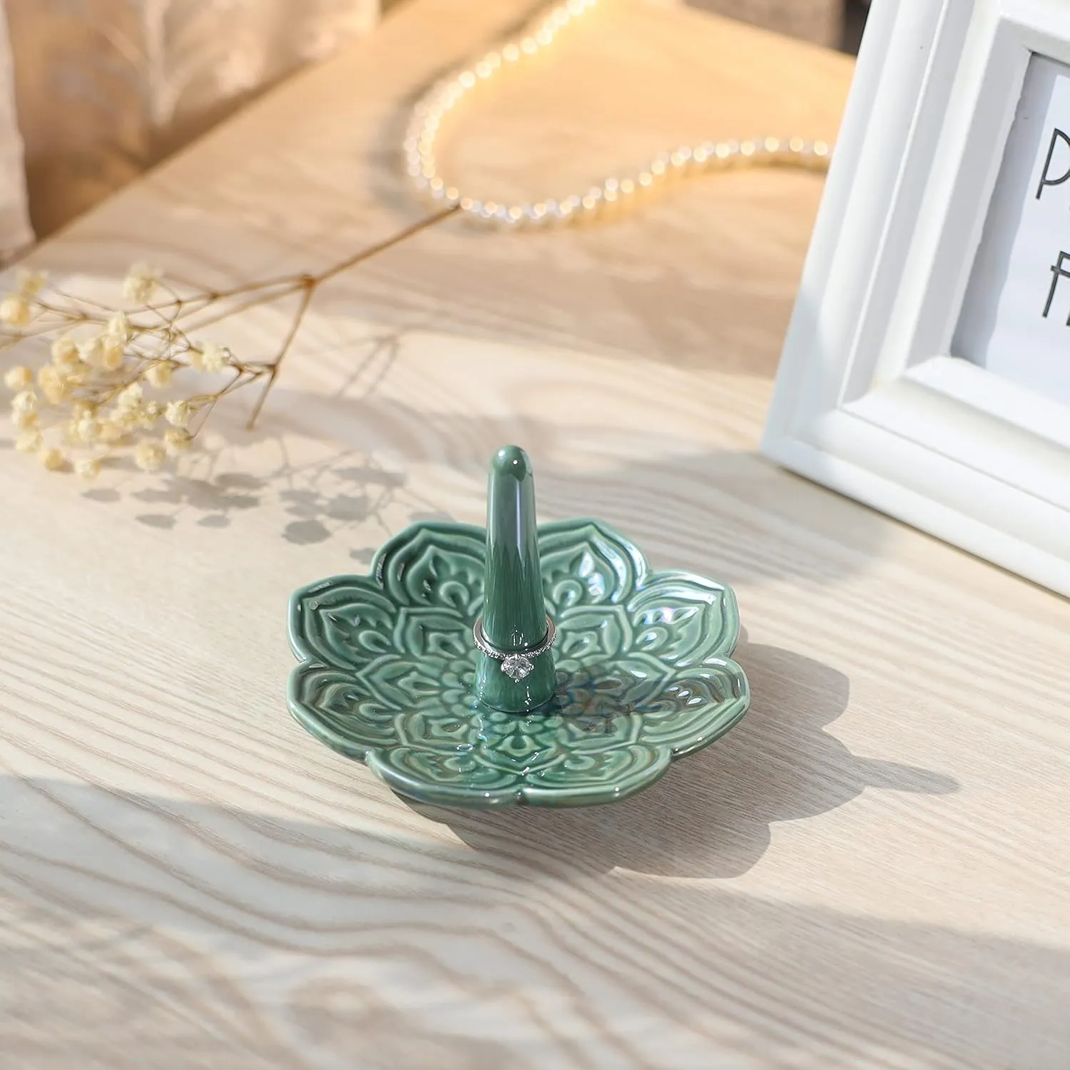 Mandala Ring Holder,Decorative Jewelry Holder,Birthday Valentine's Day Christmas Engagement Wedding Gifts for Women,Ceramic Green