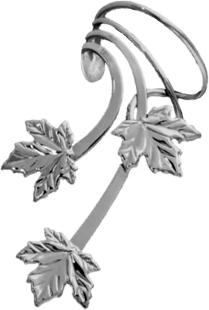 Maple 3 Leaf Long Wave Ear Cuff Non-pierced Earring Wrap/Jacket Single Left EZ Care Rhodium on Silver