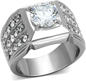 Marimor Jewelry 2.94 Carat Round Cut Cubic Zirconia Silver Stainless Steel Unisex Ring Sizes 5-13