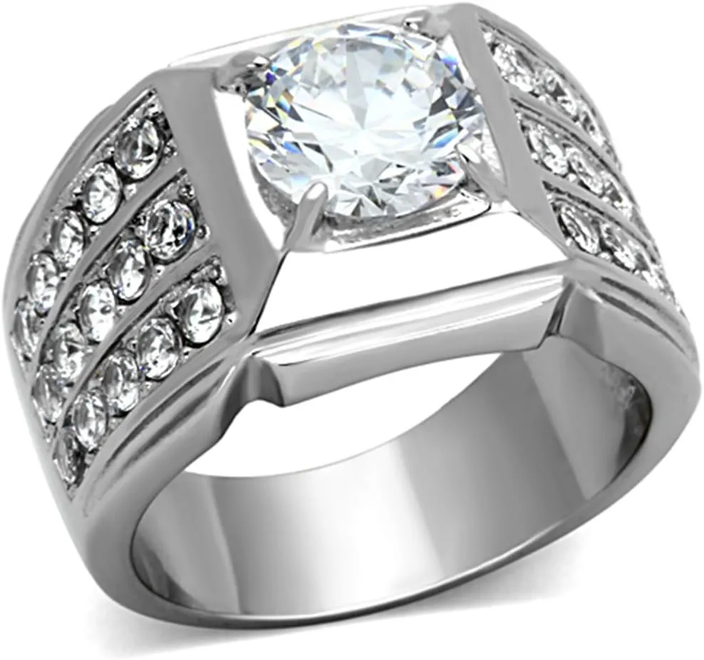 Marimor Jewelry 2.94 Carat Round Cut Cubic Zirconia Silver Stainless Steel Unisex Ring Sizes 5-13