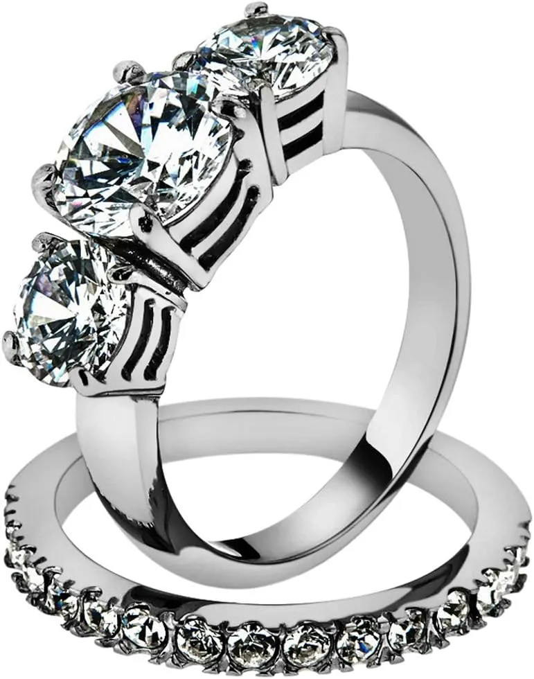 Marimor Jewelry Stainless Steel 4.17 Carat Round Cut 3 Stone Engagement and Wedding Ring Set Size 5-10