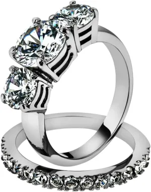 Marimor Jewelry Stainless Steel 4.17 Carat Round Cut 3 Stone Engagement and Wedding Ring Set Size 5-10