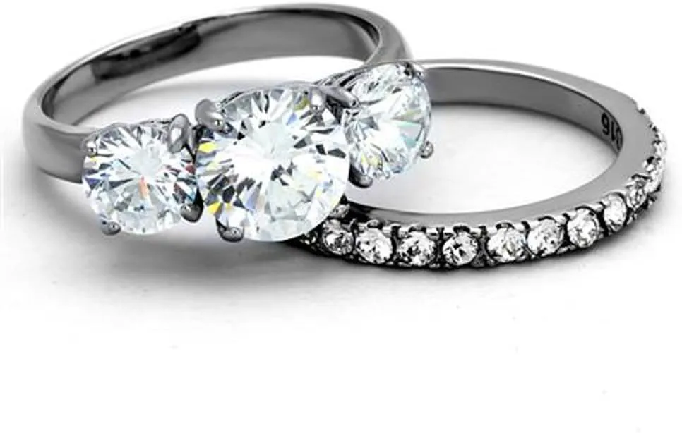 Marimor Jewelry Stainless Steel 4.17 Carat Round Cut 3 Stone Engagement and Wedding Ring Set Size 5-10