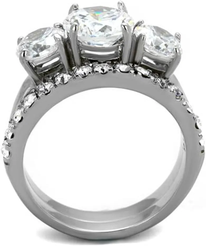 Marimor Jewelry Stainless Steel 4.17 Carat Round Cut 3 Stone Engagement and Wedding Ring Set Size 5-10