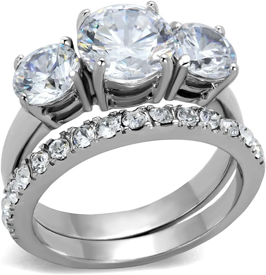 Marimor Jewelry Stainless Steel 4.17 Carat Round Cut 3 Stone Engagement and Wedding Ring Set Size 5-10