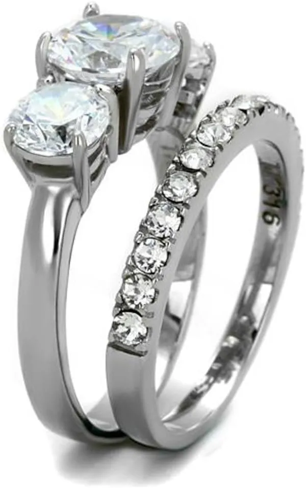 Marimor Jewelry Stainless Steel 4.17 Carat Round Cut 3 Stone Engagement and Wedding Ring Set Size 5-10