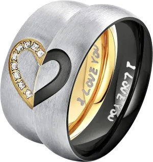 Matching Rings for Couples Heart Engagement Ring,Gold Rings for Women Wedding Bands for Him Black 6MM Stainless Steel Ring with O-Chain