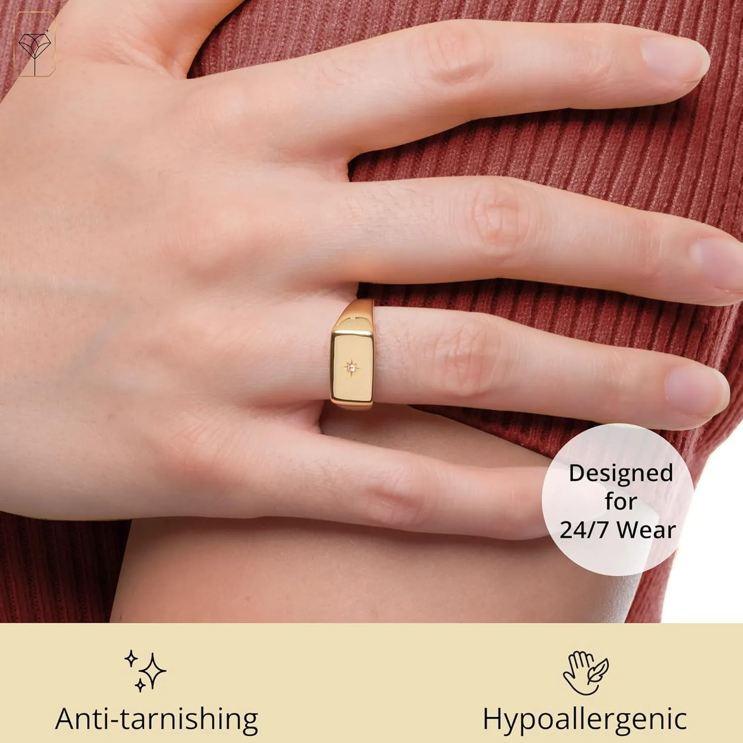 MAX   STONE Star Vermeil Diamond Signet Ring for Women & Men | Lab Grown Diamond Ring in Sizes 6-8 | Hypoallergenic 18K Gold Plated Sterling Silver Ring