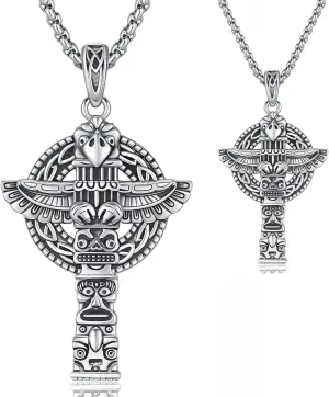 Mayan Totem Cross Necklace Pendent for Men Women, 925 Sterling Silver Mayan Totem Stone Column Vintage Aztec Charm Gifts for Grand Easter Day