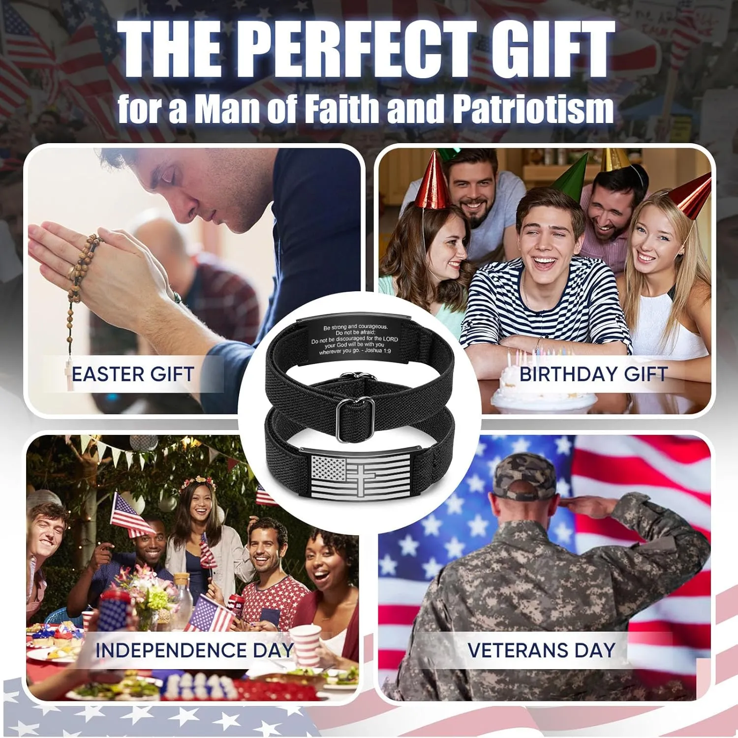 MEALGUET Easter Basket Stuffer Gifts for Men : American Flag Stretch Band Cross Bracelet Faith Bible Verse Christian Religious Inspirational Jewelry for Son Grandson Nephew Boyfriend Dad,Adjustable