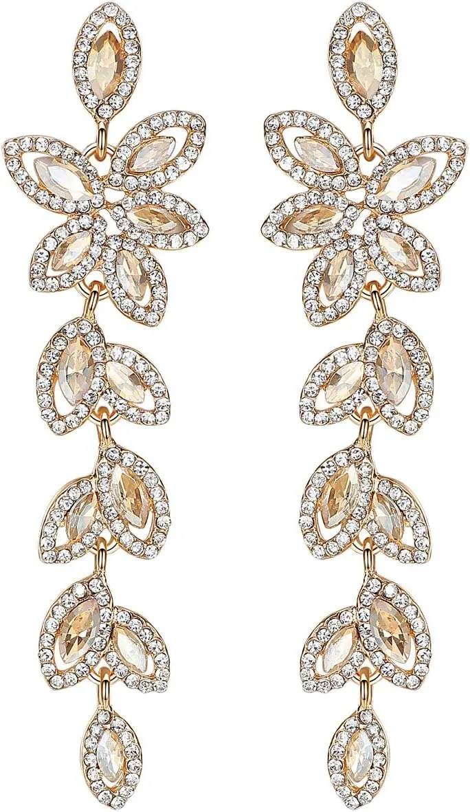 mecresh Champagne Crystal Leaf Wedding Dangle Earrings Jewelry for Women brides bridesmaid 2022 Fashion Jewelry