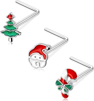 MeIighting Christmas Nose Rings 20G Santa Claus Nose Stud Stainless Steel 316L Christmas Trees Nose Piercing Jewelry L Shaped for Women Men Body Piercing Jewelry