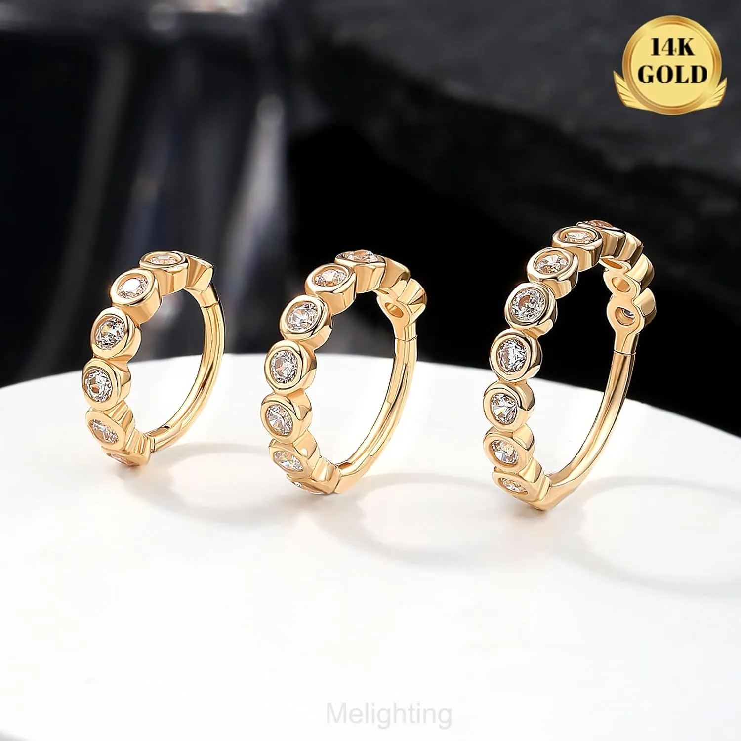 Melighting 14K Solid Gold 6/8/10 mm Nose Ring Clear CZ Helix Earring 18G Cartilage Earring Small Helix Clicker Segment Hinged Nose Ring Hoop for Women