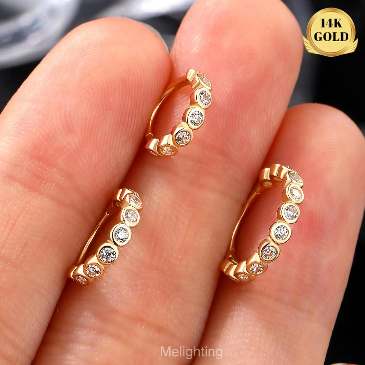 Melighting 14K Solid Gold 6/8/10 mm Nose Ring Clear CZ Helix Earring 18G Cartilage Earring Small Helix Clicker Segment Hinged Nose Ring Hoop for Women