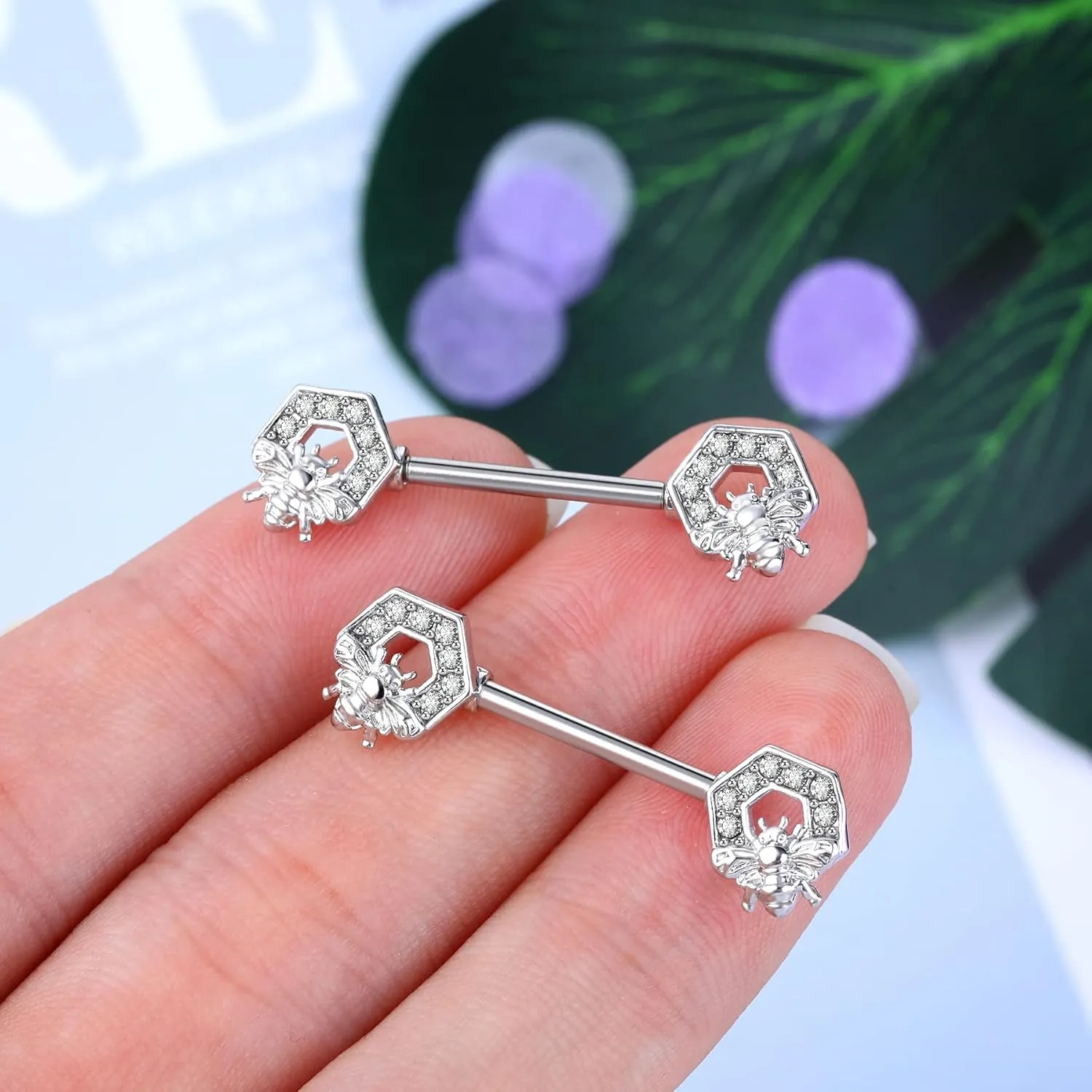 Melighting Dainty Bee Nipple Rings 14G 316L Surgical Steel 2pcs Nipple Barbell CZ Piercing Jewelry 14mm