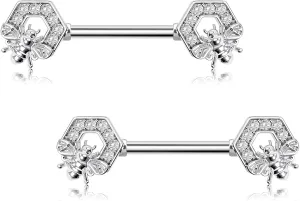 Melighting Dainty Bee Nipple Rings 14G 316L Surgical Steel 2pcs Nipple Barbell CZ Piercing Jewelry 14mm