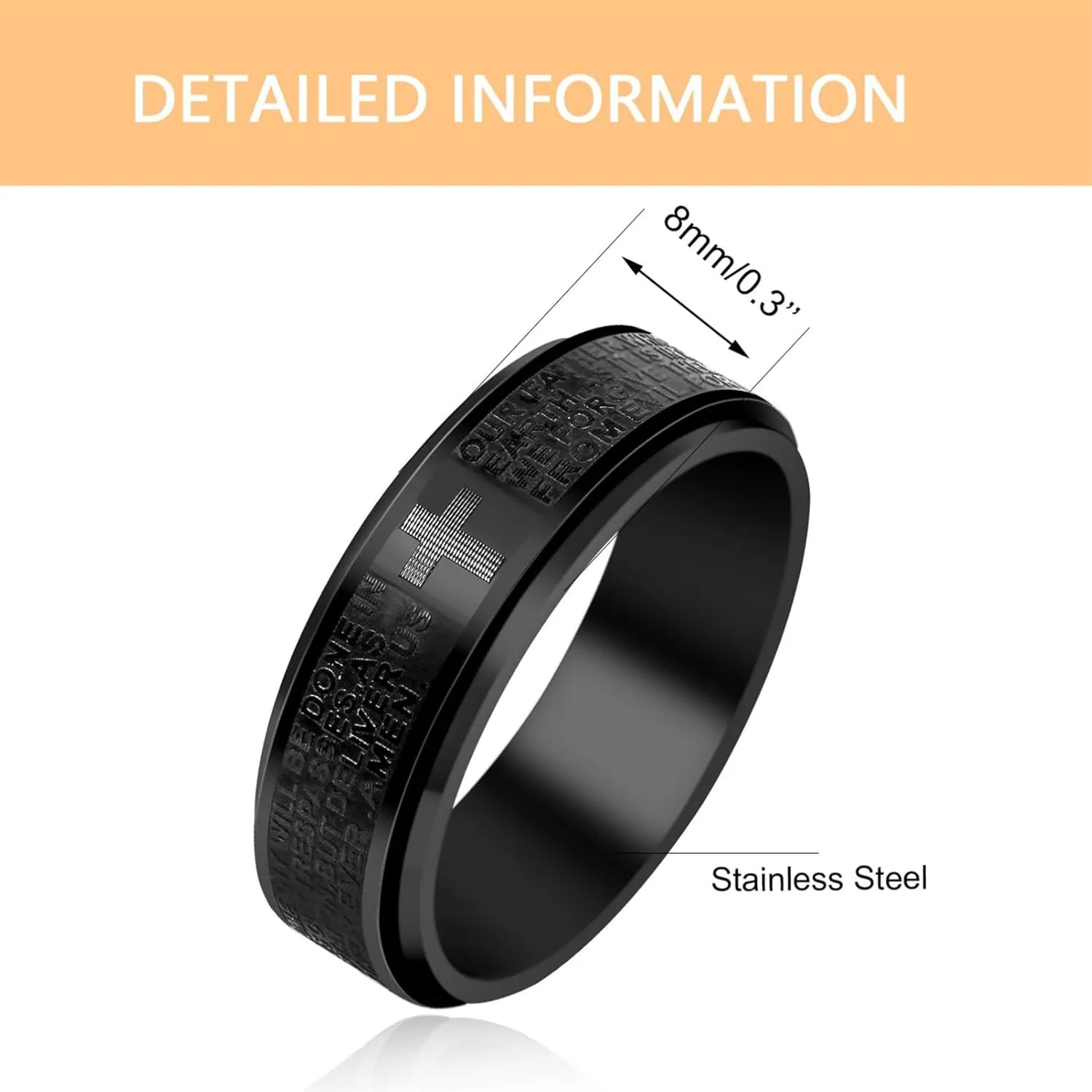 Men's Bible Verse Cross Ring - Black Titanium Steel Spinner Fidget Ring with Inspirational Bible Verses for Husband Dad Son Anniversary Christmas Birthday Christian Religious Prayer Jewelry