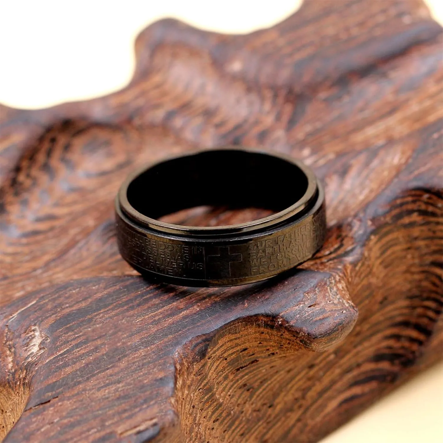 Men's Bible Verse Cross Ring - Black Titanium Steel Spinner Fidget Ring with Inspirational Bible Verses for Husband Dad Son Anniversary Christmas Birthday Christian Religious Prayer Jewelry