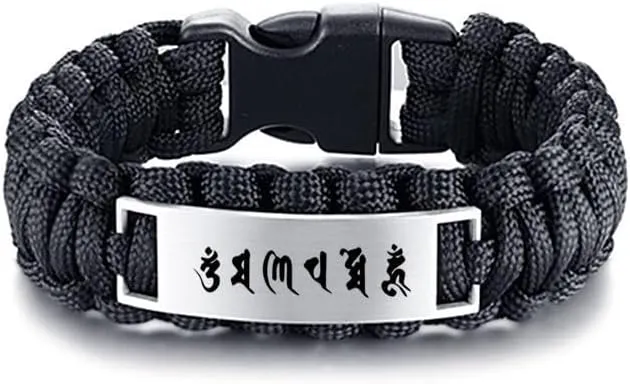 Men's Handmade Tibetan Buddhist Prayer Braided Paracord Cuff Bangle Blessing Om Mani Padme Hum Sanskrit Bracelets Powerful Mantra Prayers Jewelry for Man, 9 inches