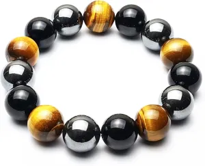Men's Triple Protection Bracelet - 14mm Beaded Stretch Bracelet - Small, Medium, Large, Extra Large Size - For Protection - Tiger Eye Stone - Hematite - Black Obsidian - Yoga Bracelet - Crystal Gemstone Bracelet - Bring Luck And Prosperity.