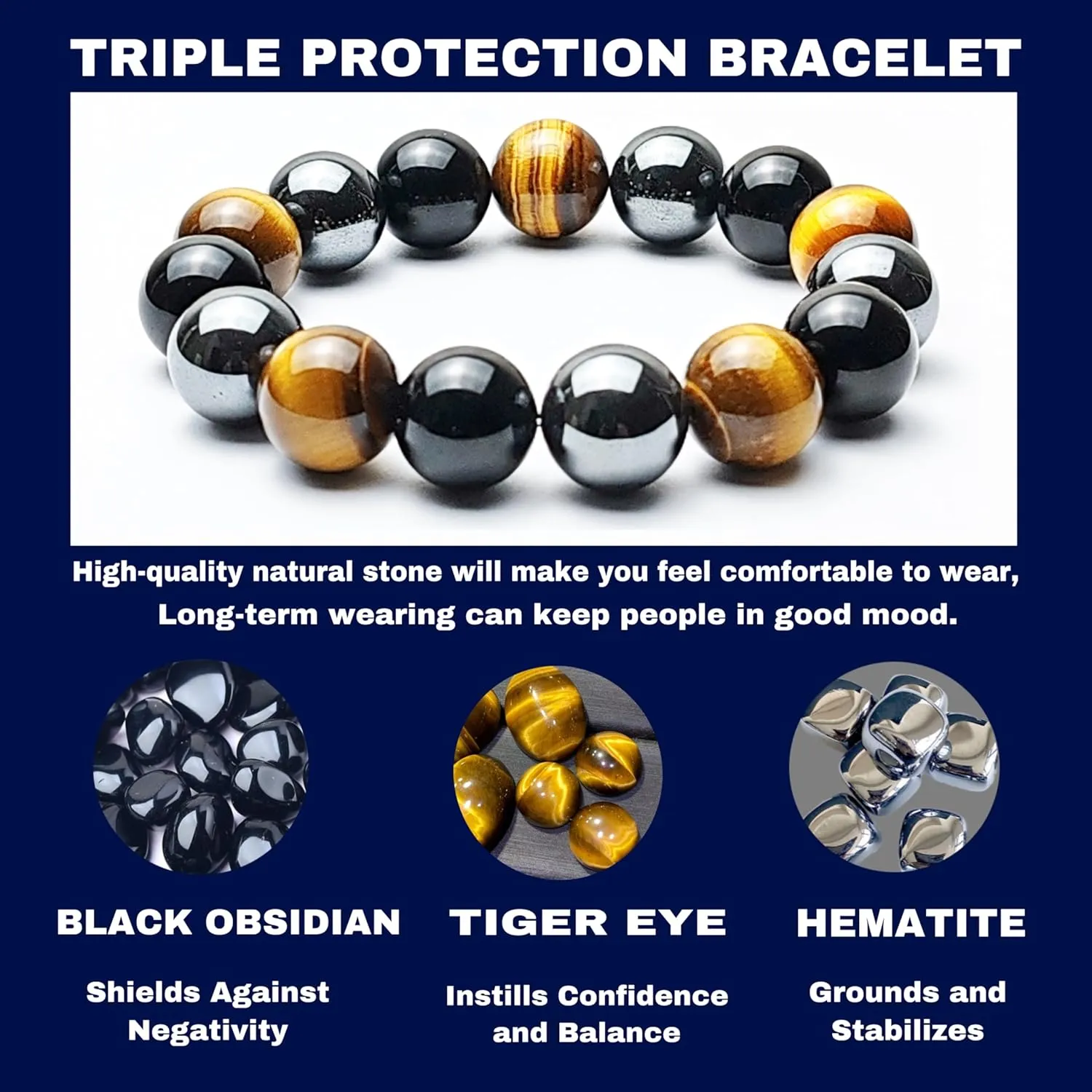 Men's Triple Protection Bracelet - 14mm Beaded Stretch Bracelet - Small, Medium, Large, Extra Large Size - For Protection - Tiger Eye Stone - Hematite - Black Obsidian - Yoga Bracelet - Crystal Gemstone Bracelet - Bring Luck And Prosperity.