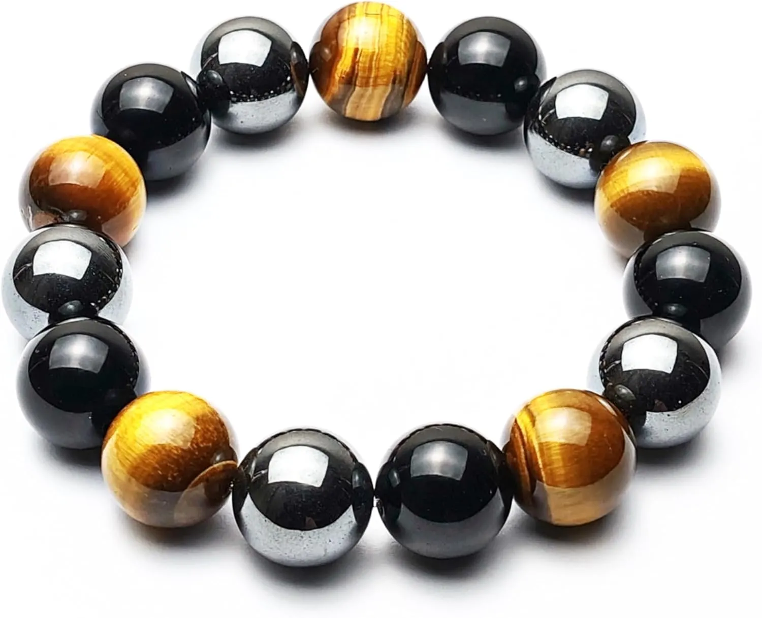 Men's Triple Protection Bracelet - 14mm Beaded Stretch Bracelet - Small, Medium, Large, Extra Large Size - For Protection - Tiger Eye Stone - Hematite - Black Obsidian - Yoga Bracelet - Crystal Gemstone Bracelet - Bring Luck And Prosperity.