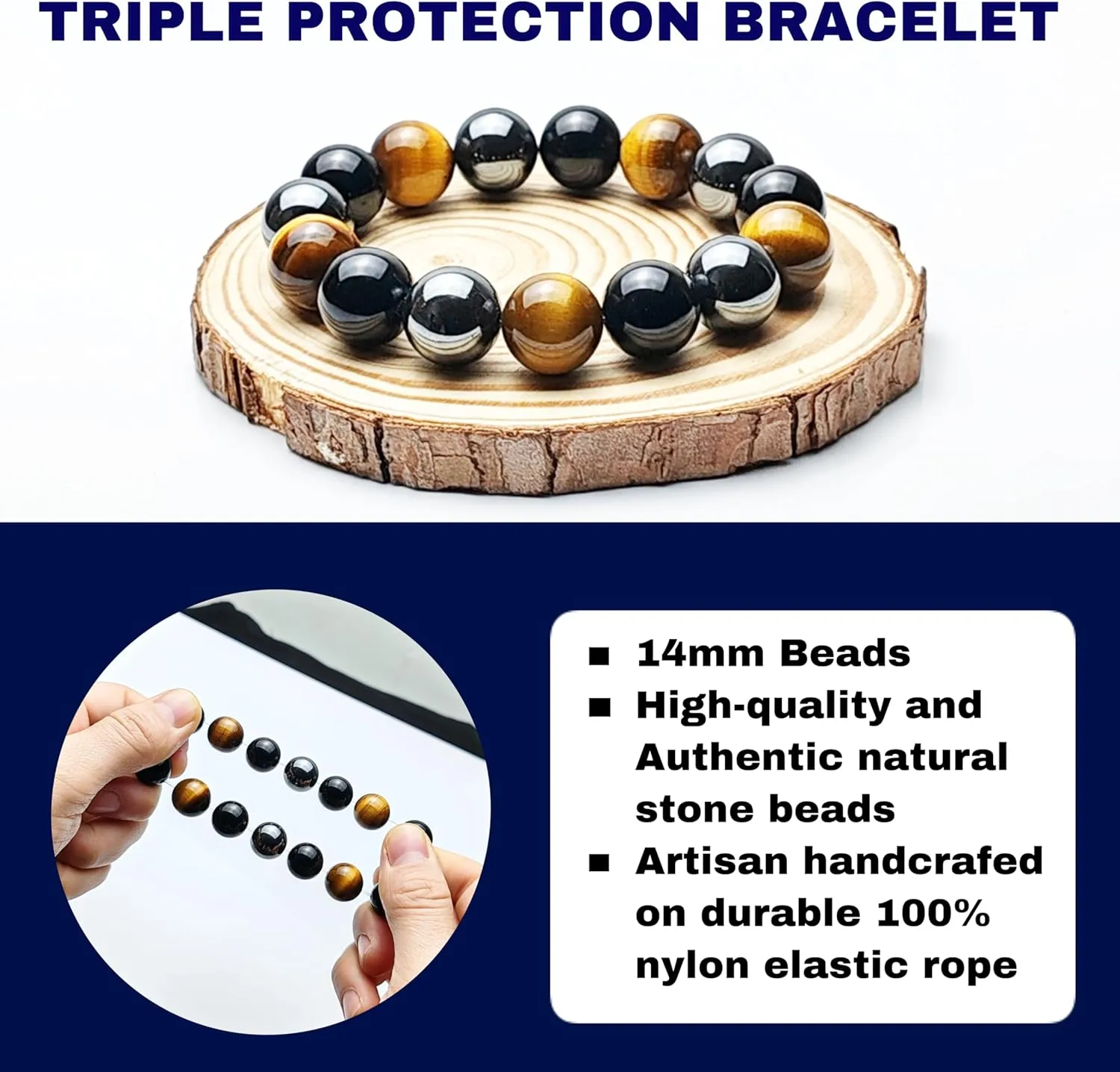 Men's Triple Protection Bracelet - 14mm Beaded Stretch Bracelet - Small, Medium, Large, Extra Large Size - For Protection - Tiger Eye Stone - Hematite - Black Obsidian - Yoga Bracelet - Crystal Gemstone Bracelet - Bring Luck And Prosperity.