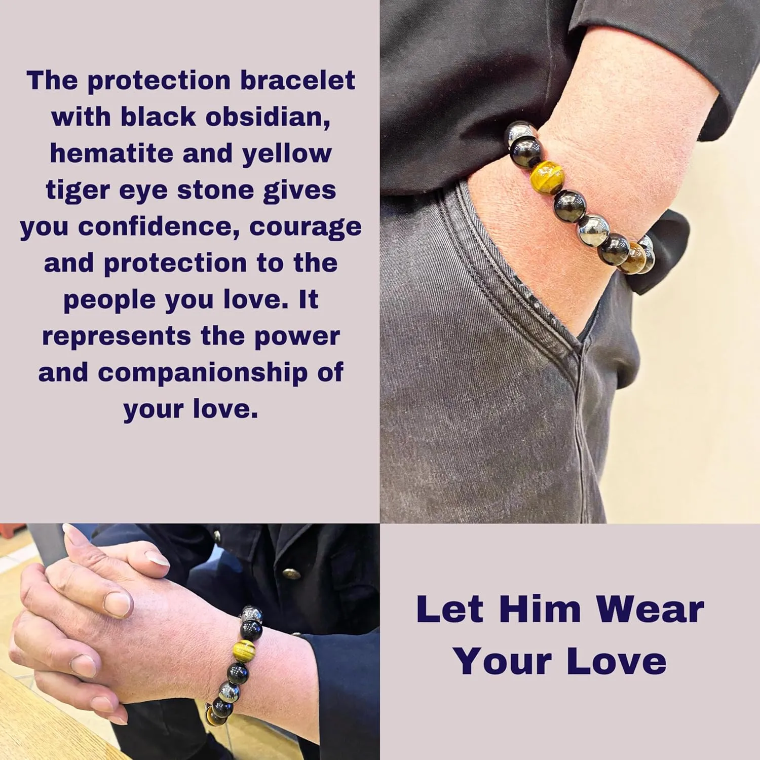 Men's Triple Protection Bracelet - 14mm Beaded Stretch Bracelet - Small, Medium, Large, Extra Large Size - For Protection - Tiger Eye Stone - Hematite - Black Obsidian - Yoga Bracelet - Crystal Gemstone Bracelet - Bring Luck And Prosperity.