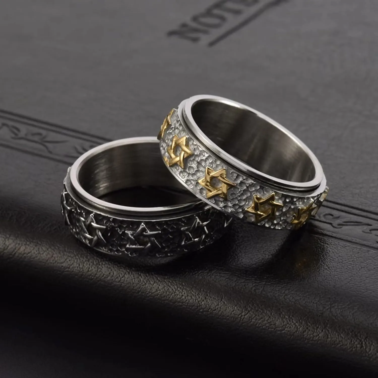 Mens Vintage Star of David Spinner Ring Hexagram Jewish Israel Six Pointed Rotable Spins Ring Fidget Rings Relieve Stress Titanium Stainless Steel Rings for Boys and Women Gold Silver Black