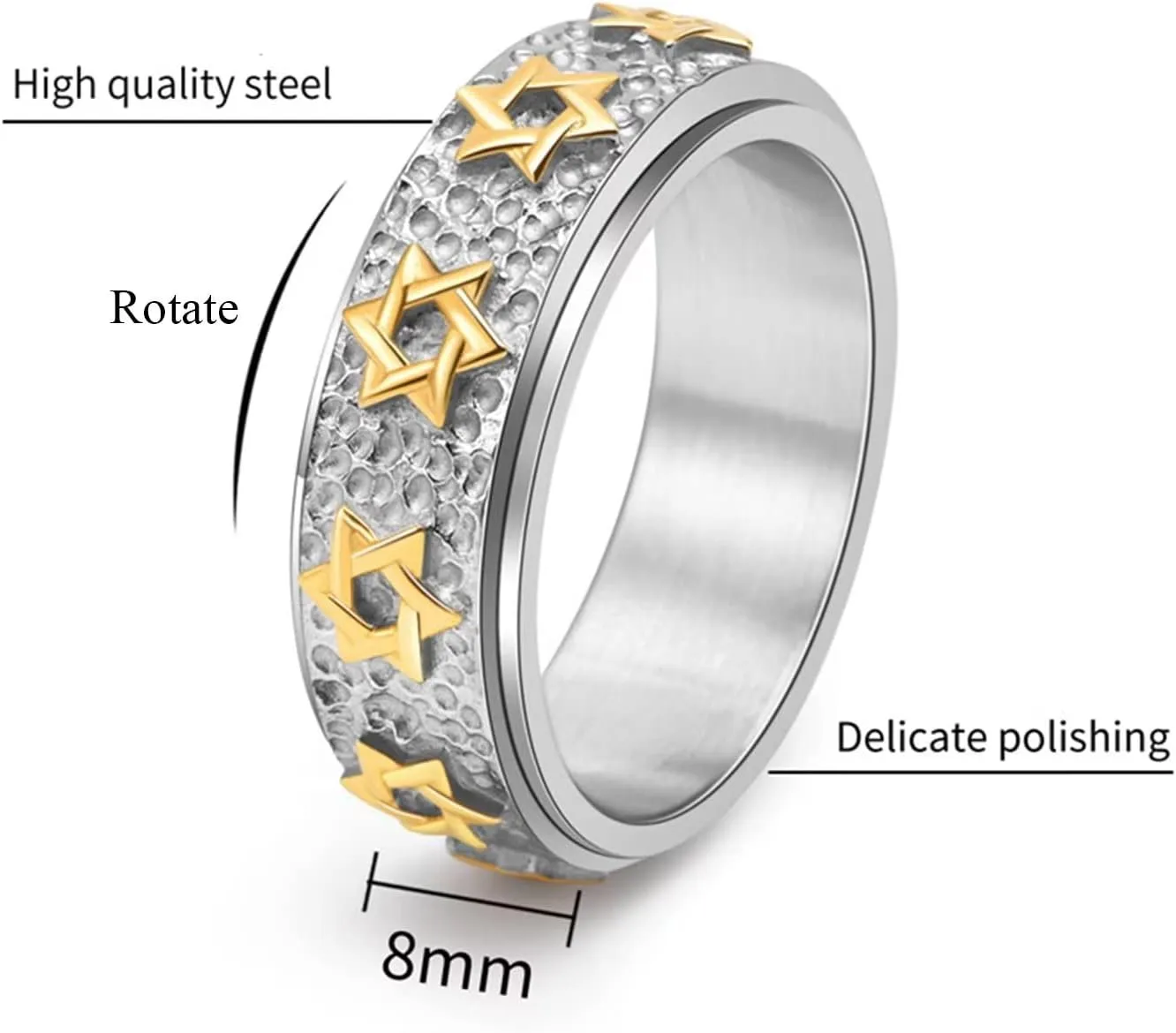 Mens Vintage Star of David Spinner Ring Hexagram Jewish Israel Six Pointed Rotable Spins Ring Fidget Rings Relieve Stress Titanium Stainless Steel Rings for Boys and Women Gold Silver Black