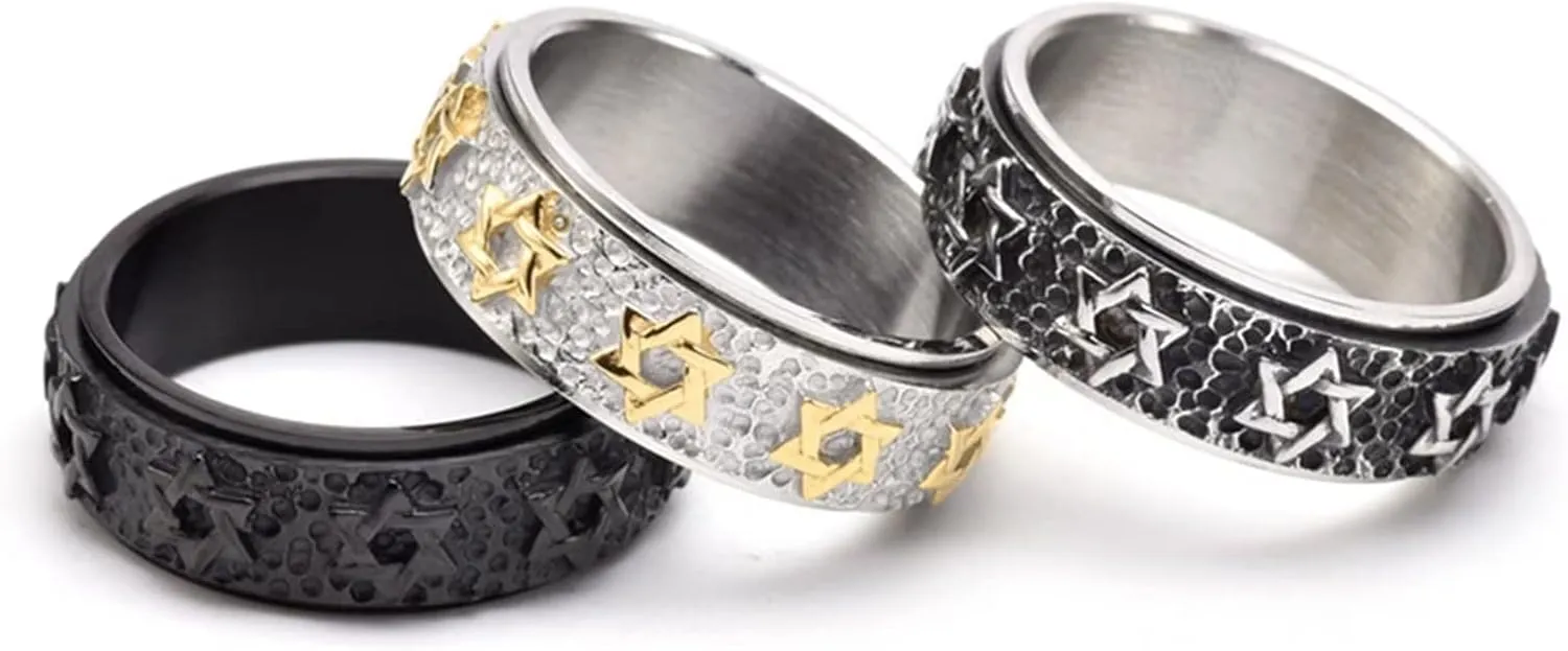 Mens Vintage Star of David Spinner Ring Hexagram Jewish Israel Six Pointed Rotable Spins Ring Fidget Rings Relieve Stress Titanium Stainless Steel Rings for Boys and Women Gold Silver Black