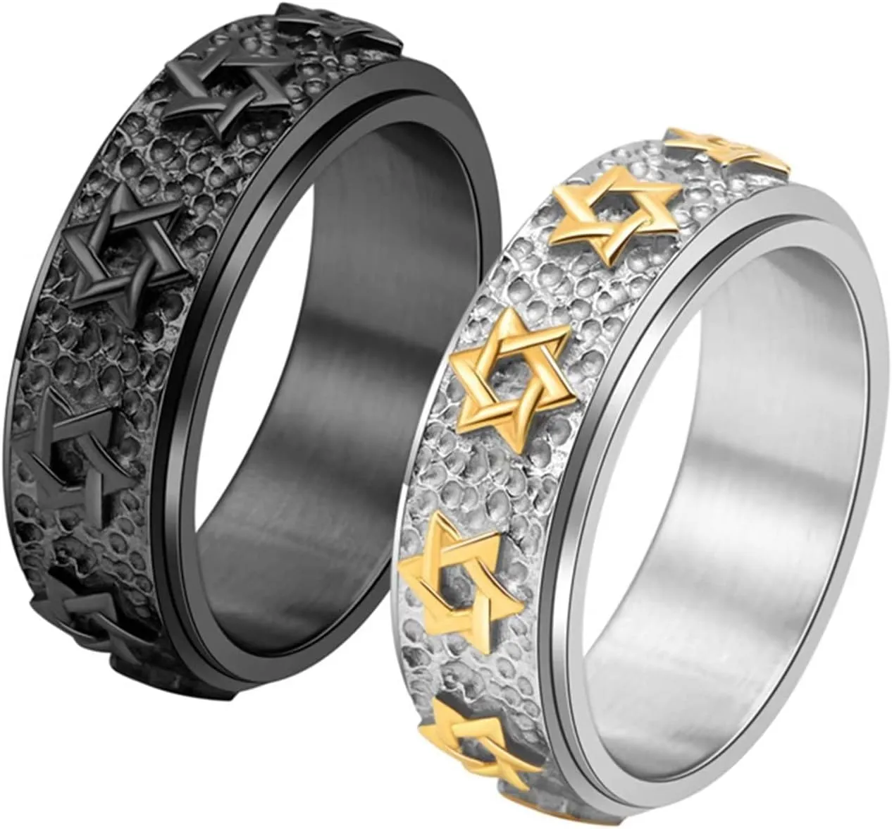 Mens Vintage Star of David Spinner Ring Hexagram Jewish Israel Six Pointed Rotable Spins Ring Fidget Rings Relieve Stress Titanium Stainless Steel Rings for Boys and Women Gold Silver Black
