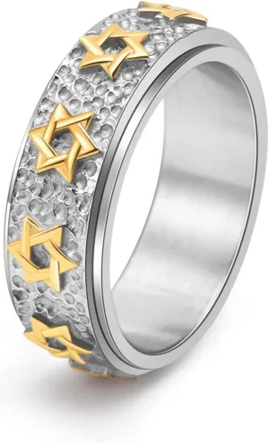 Mens Vintage Star of David Spinner Ring Hexagram Jewish Israel Six Pointed Rotable Spins Ring Fidget Rings Relieve Stress Titanium Stainless Steel Rings for Boys and Women Gold Silver Black