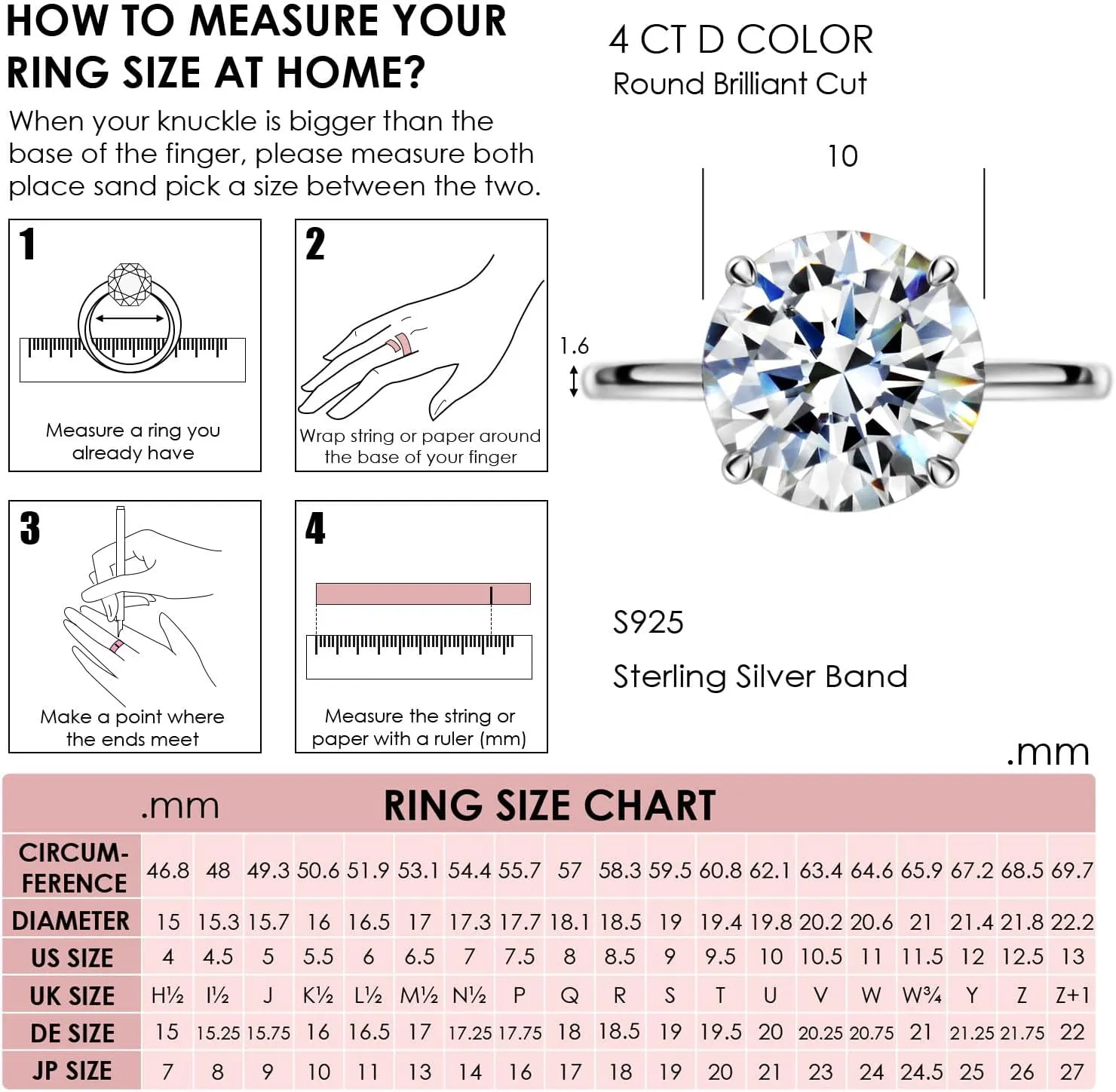 Michooyel S925 4ct Round Brilliant Cut Solitaire Engagement Rings For Women Wedding Ring Sterling Silver Cubic Zirconia Promise Ring Fine Jewelry For Women