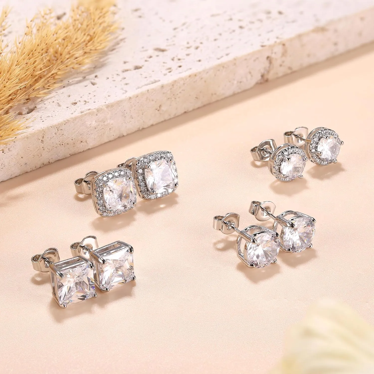 MILACOLATO Cubic Zirconia Stud Earrings for Women Men | 18K Gold Plated Hypoallergenic Sterling Silver Post Earrings | Big Brilliant Simulated Diamond CZ Halo Stud Earrings for Sensitive Ears