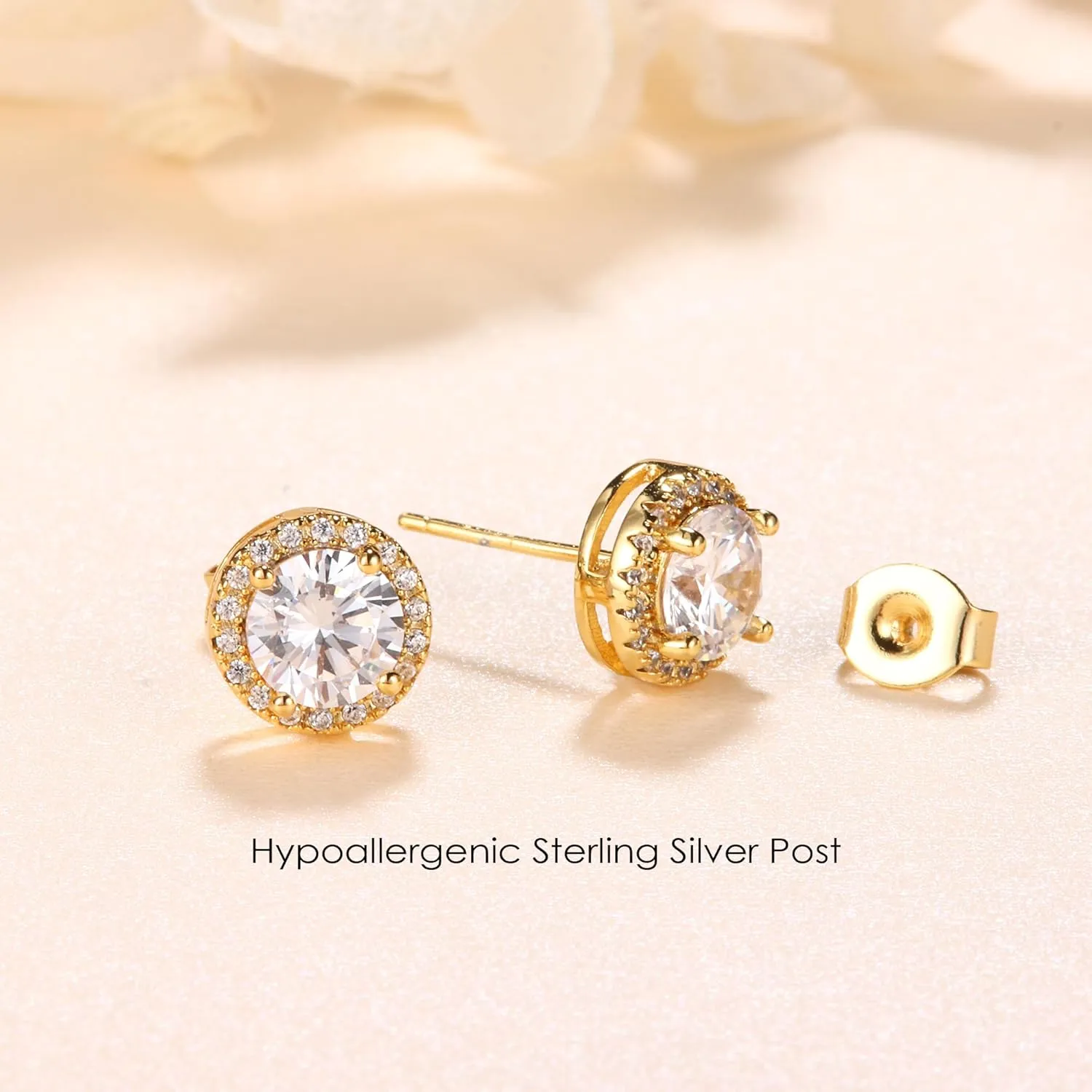 MILACOLATO Cubic Zirconia Stud Earrings for Women Men | 18K Gold Plated Hypoallergenic Sterling Silver Post Earrings | Big Brilliant Simulated Diamond CZ Halo Stud Earrings for Sensitive Ears