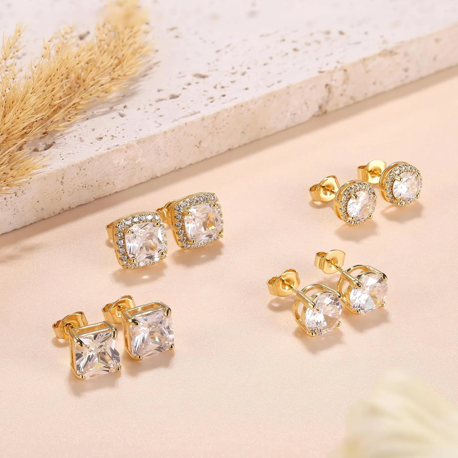 MILACOLATO Cubic Zirconia Stud Earrings for Women Men | 18K Gold Plated Hypoallergenic Sterling Silver Post Earrings | Big Brilliant Simulated Diamond CZ Halo Stud Earrings for Sensitive Ears