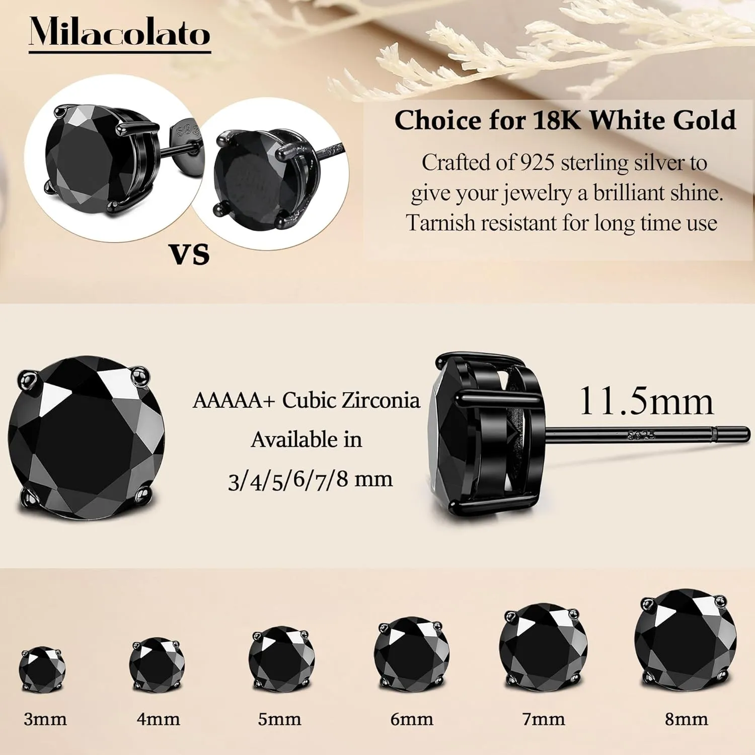 Milacolato Cubic Zirconia Stud Earrings for Women Men | 18K White Gold Plated Sterling Silver Stud Earrings | Brilliant Cut Simulated Diamond Stud Earrings for Sensitive Ears | 2Pairs