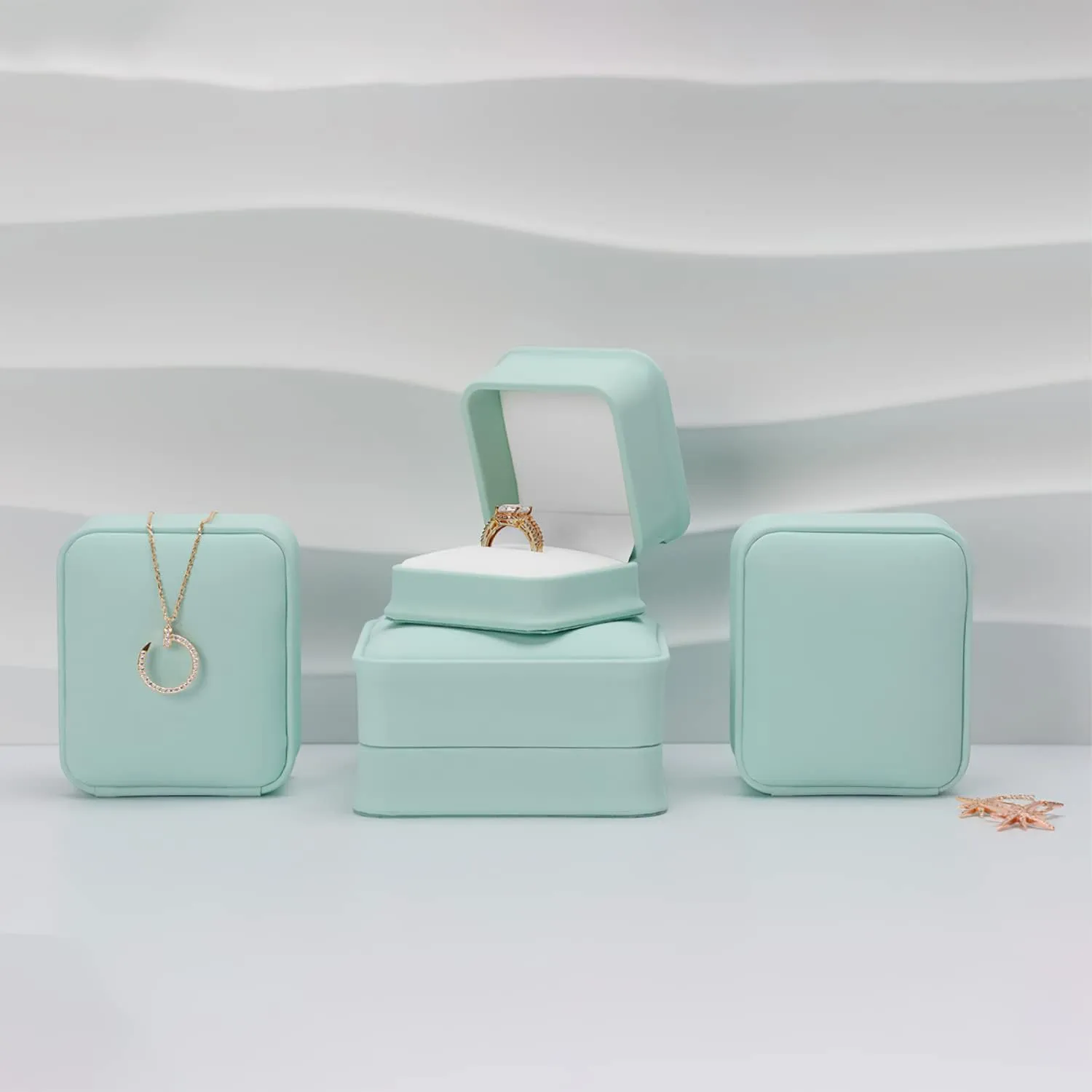 Mint-green PU Leather Engagement Proposal Ring Box Velvet Interior Jewelry Ring Gift Box