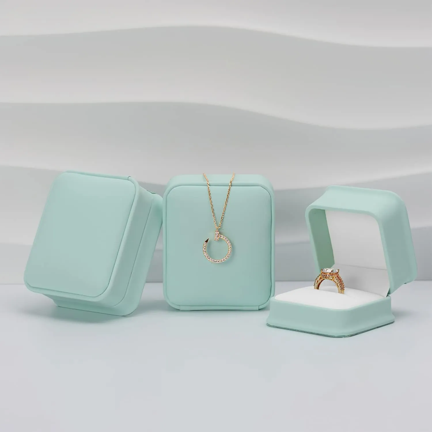 Mint-green PU Leather Engagement Proposal Ring Box Velvet Interior Jewelry Ring Gift Box