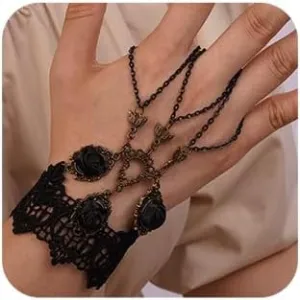 Missgrace Dainty Vintage Gothic Halloween Lace Bracelet with Ring Bangle, Metal Black Crystal Charm Steampunk Lace Black Slave Hand Chain Tassel Bracelet Rings for Women
