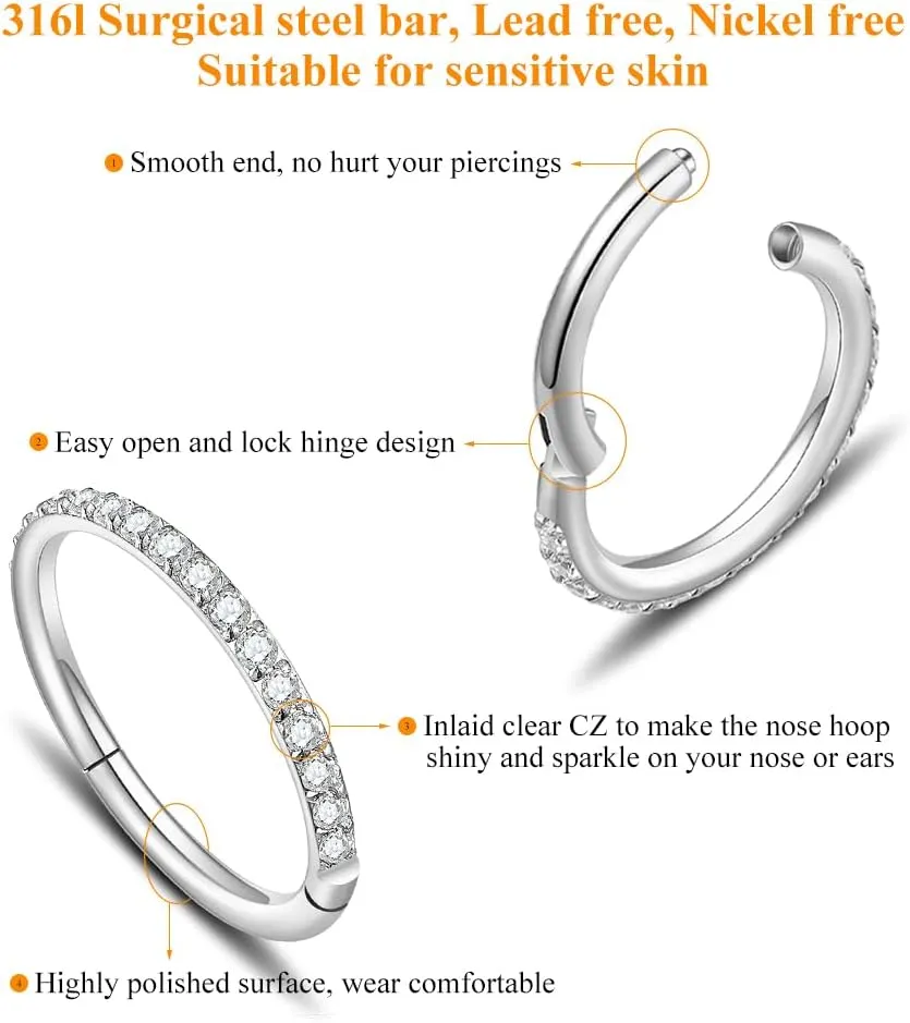 MissNity 20G, 18G, 16G, 14G Hinged Nose Rings Hoop with Gem in 316L Surgical Steel, Septum Clicker Cartilage Earrings Conch Daith Helix Rook Ear Lobe Piercing Jewelry, Diameter 6mm to 12mm