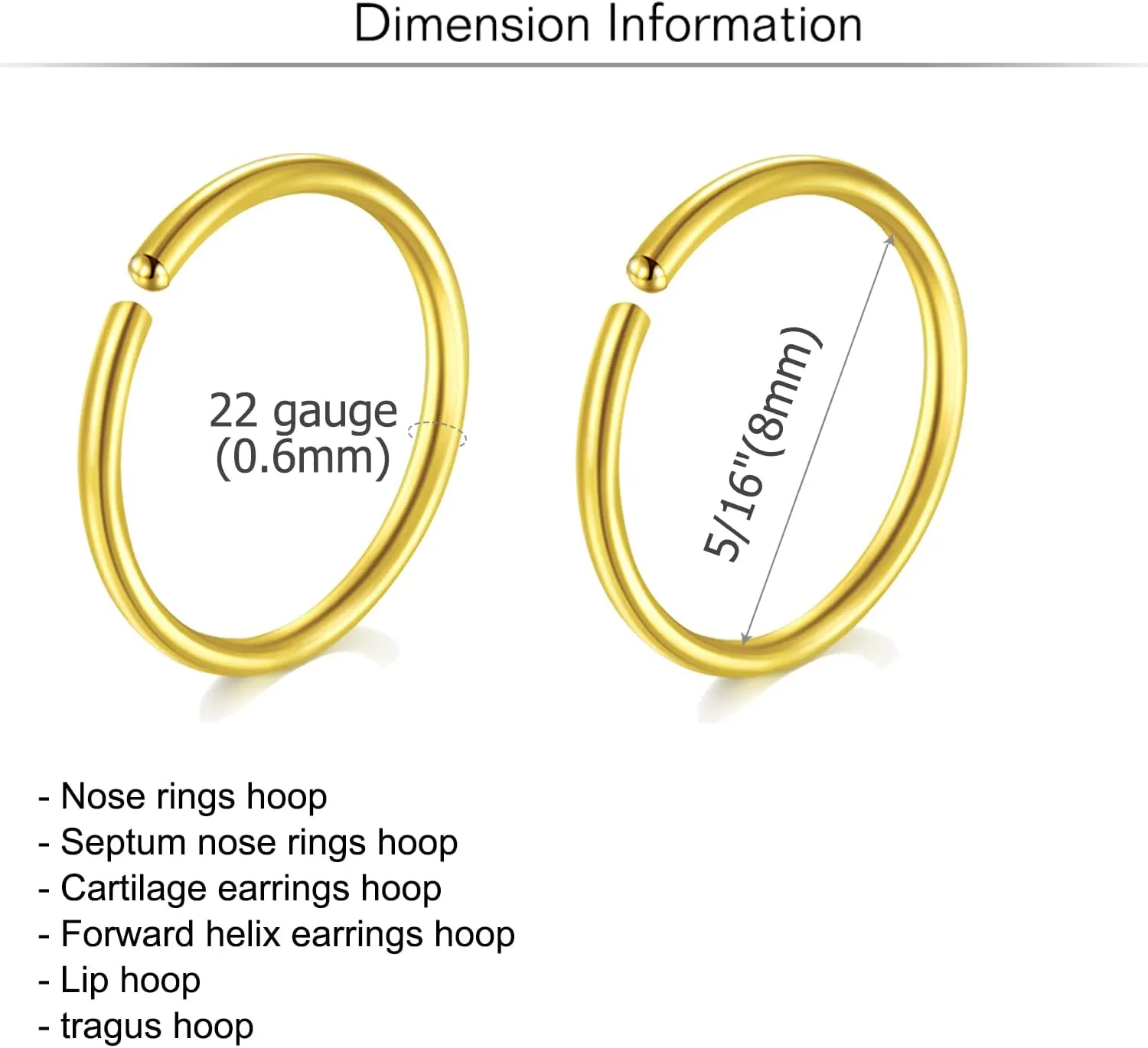 MODRSA Nose Rings - Hoops & Hoop Earrings for Cartilage & Tragus - 22g, 20g, 18g