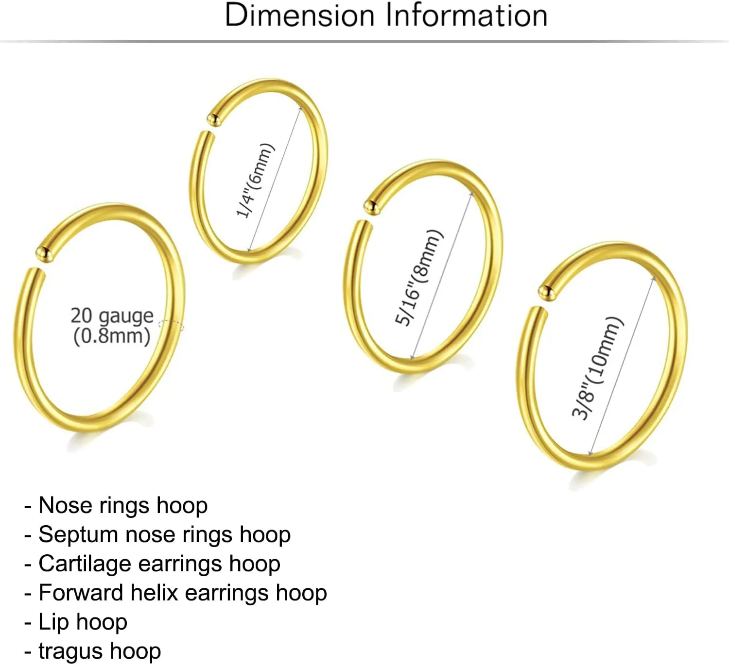 MODRSA Nose Rings - Hoops & Hoop Earrings for Cartilage & Tragus - 22g, 20g, 18g